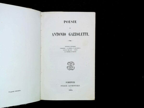 Poesie - Antonio Gazzoletti - Ed. Felice Le Monnier Firenze 1861 - immagine 2