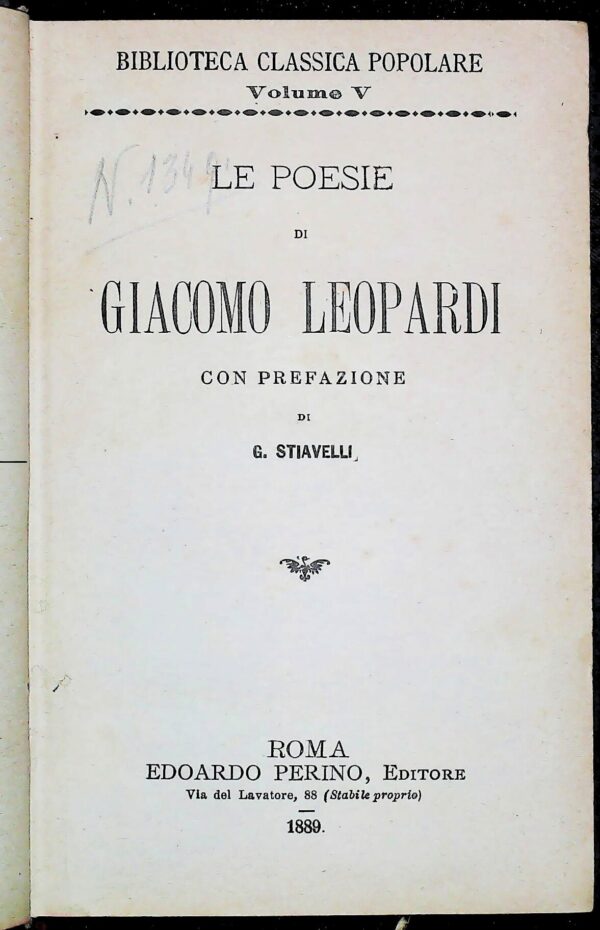 Poesie - Giacomo Lopardi - Ed. Edoardo Perino Roma 1889