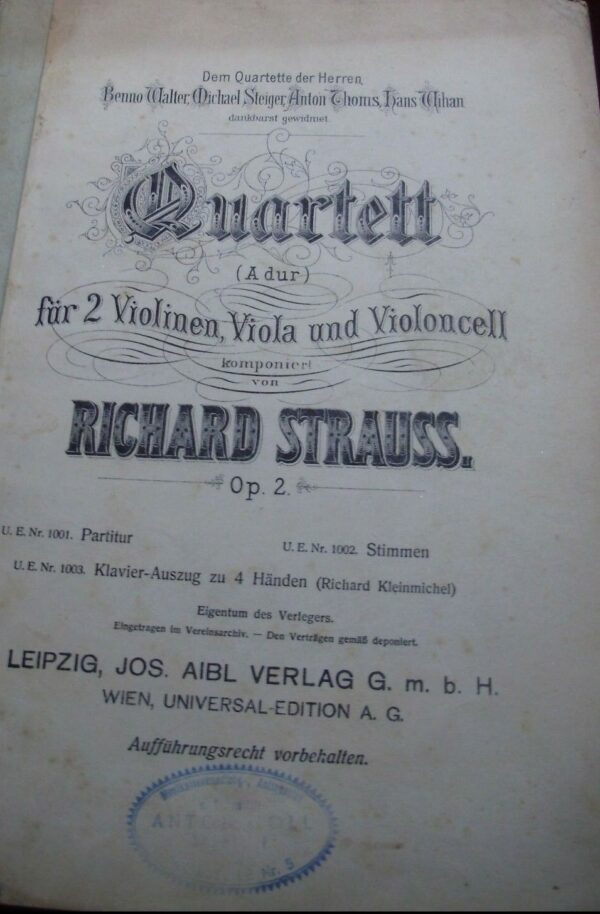 Quartett Fur 2 Violines, Viola und Violoncell - Richard Strauss - Ed. Leipzig Jobs Wien 1881