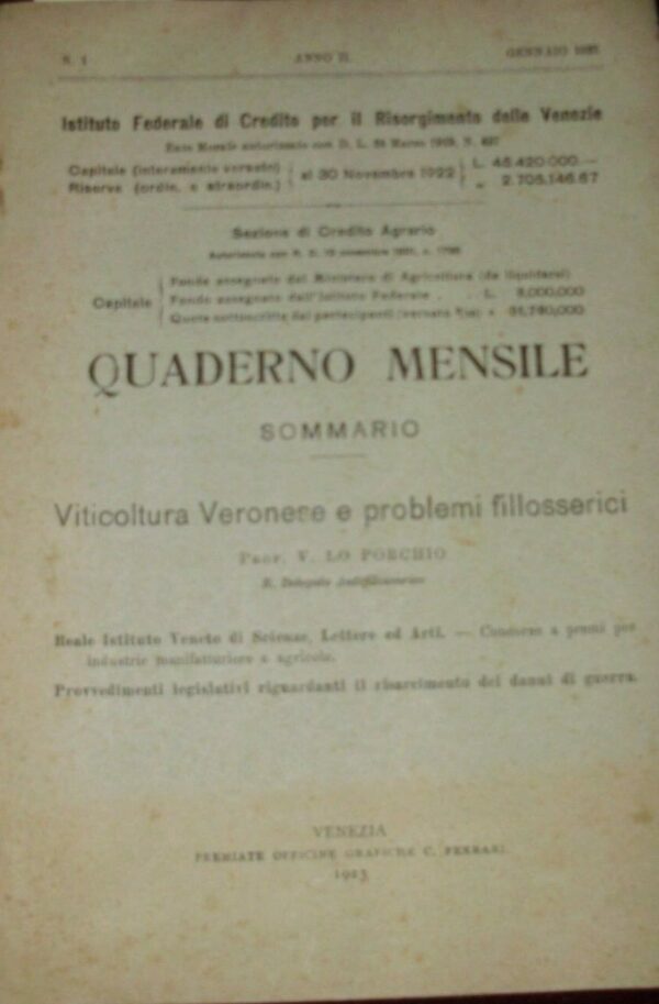 Quaderno Mensile. Viticoltura Veronese E Problemi Filloserrici (Anno 1923 N°1) - V. Lo Porchio - Ed. Carlo Ferrari Venezia 1923
