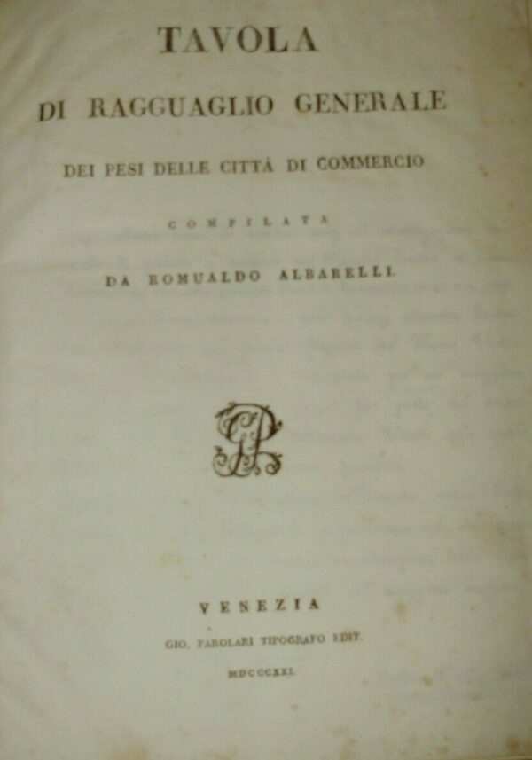 Tavola Di Ragguaglio Generale Dei Pesi Delle Città Di Commercio - Romualdo Albarelli - Ed. Parolari Venezia 1821