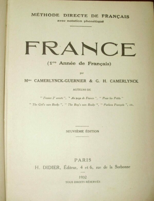 France (Premiére Année De Français) - Gabrielle Jeanne Camerlynck-Guernier / Gustave Henri Camerlynck – Ed. H. Didier Paris 1932