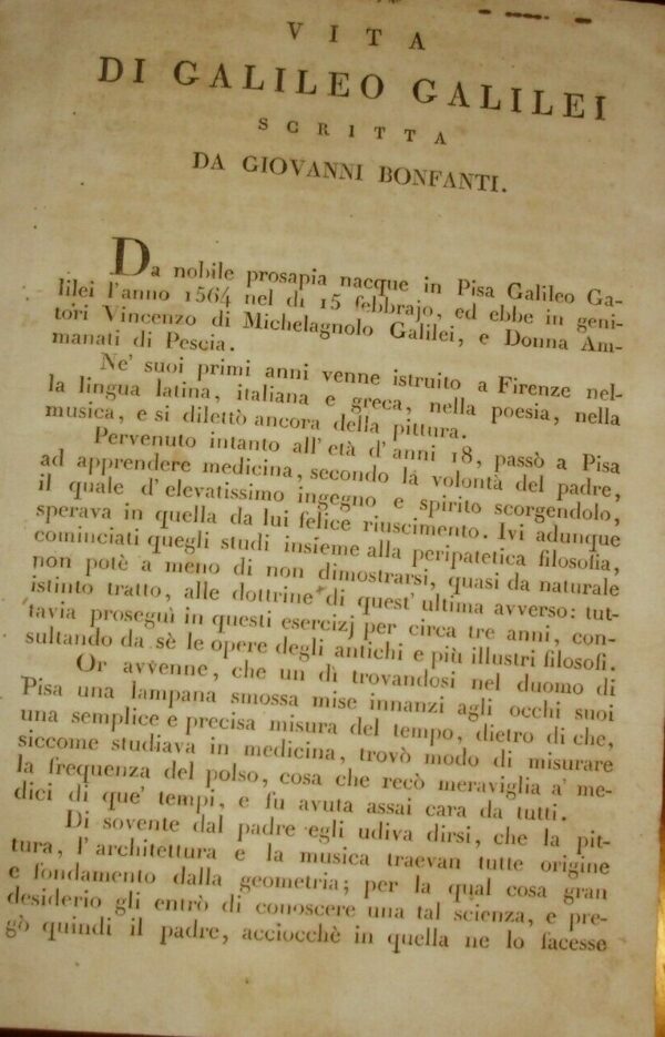 Vita Di Galileo Galilei - Giovanni Bonfanti - Ed. Società Tipografica Verona 1819